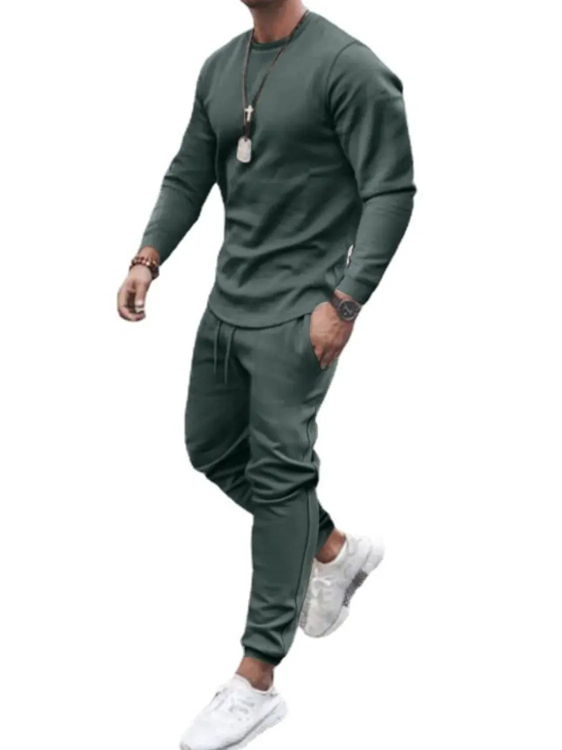 Men's Full Size Round Neck Long Sleeve Top and Pants Set Plus Size by Trendsi