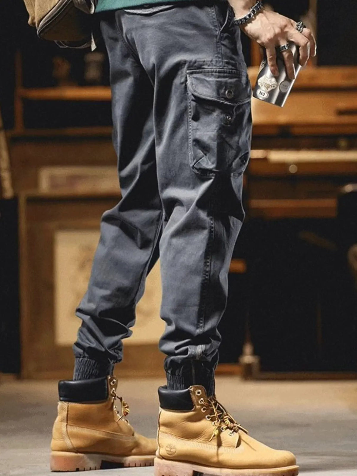 Men's Plus Size Casual Cargo Pants with Elastic Cuff by Partner Label