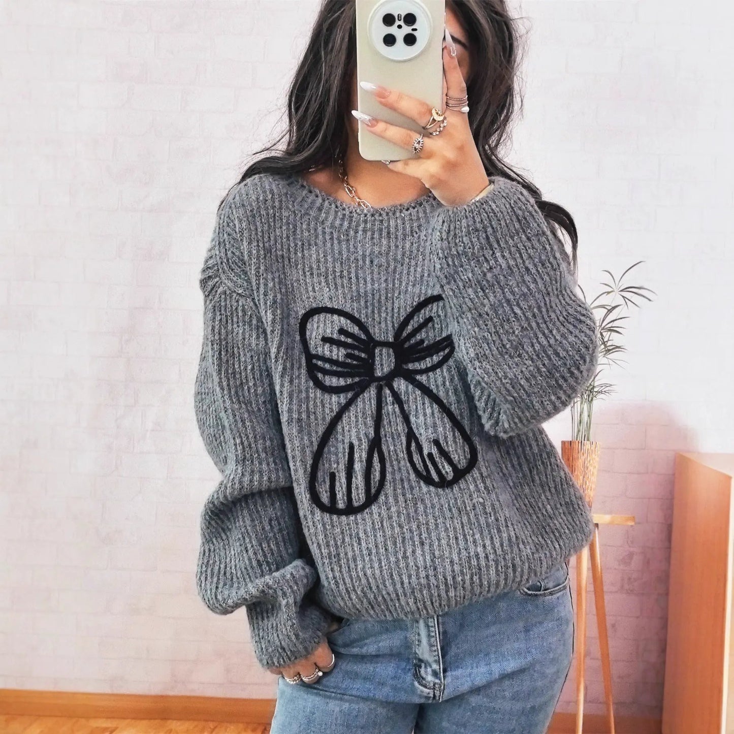 Simple Casual Bow Embroidery Decoration Knitted Long Sleeve Sweater by Maiden-Art