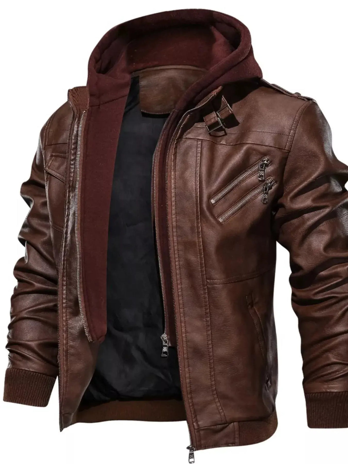 Men's Full Size Hooded Faux Leather Moto Jacket Plus Size by Partner Label