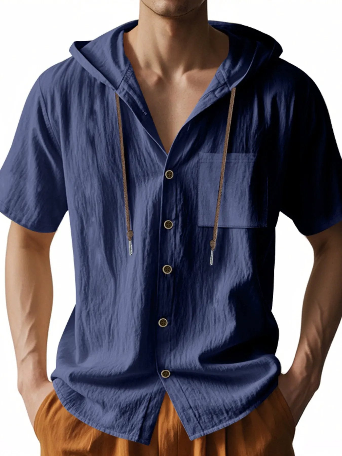 Men's Full Size Casual Hooded Short-Sleeve Shirt Plus Size by Trendsi
