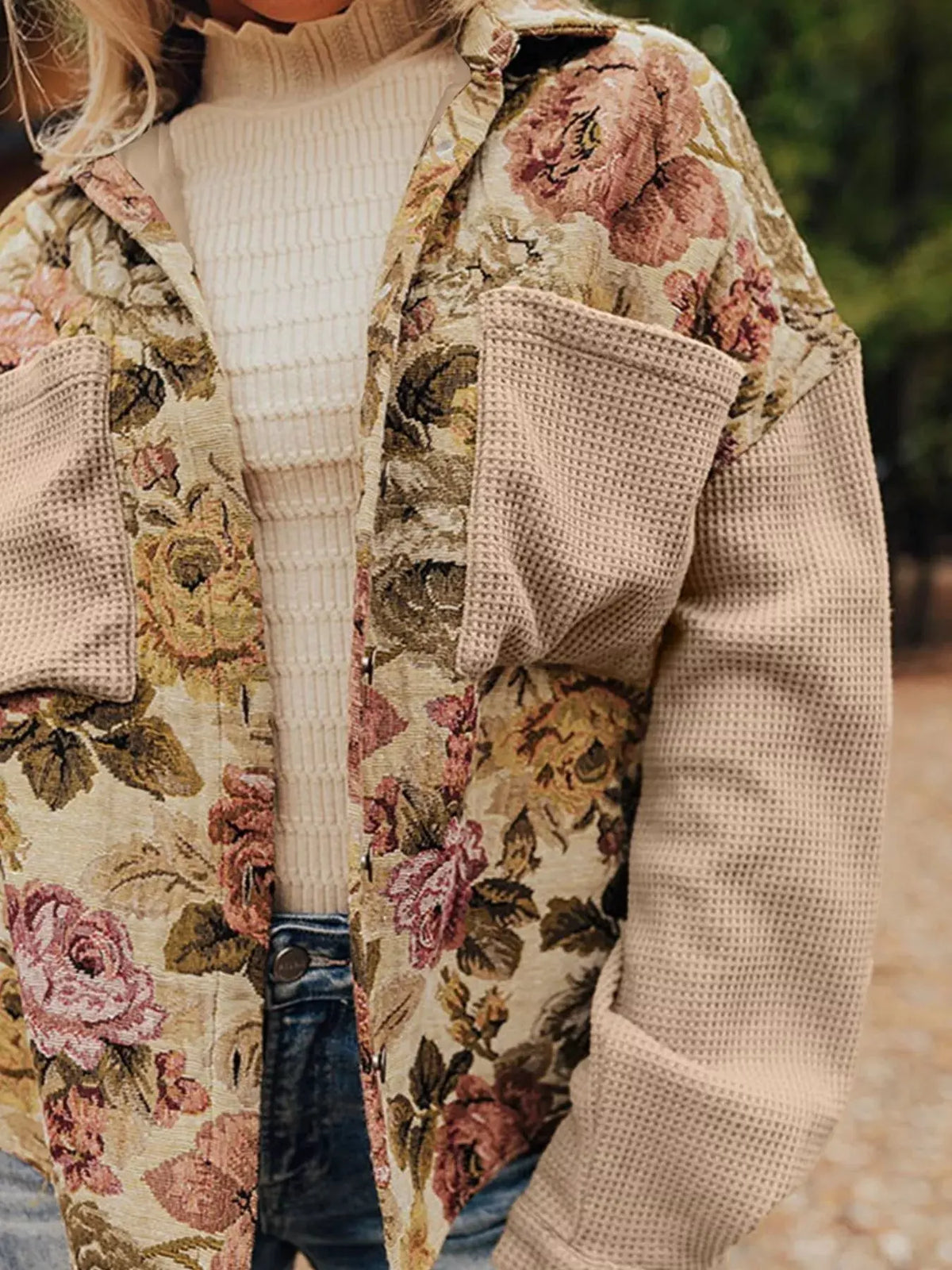 Floral Waffle Knit Patchwork Chest Pockets Buttoned Jacket by Partner Label