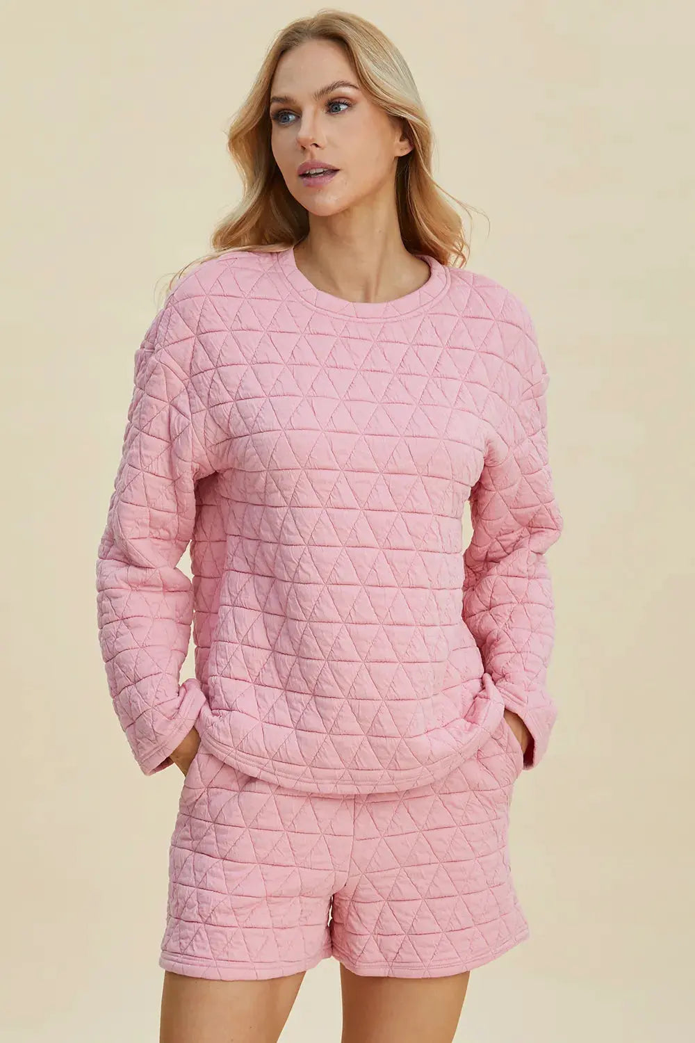 Double Take Full Size Texture Round Neck Long Sleeve Top and Shorts Set by Double Take