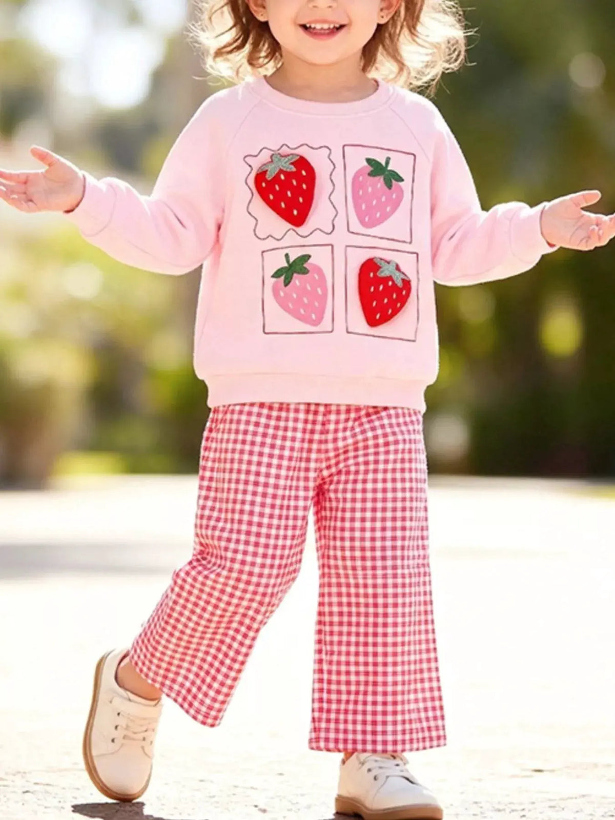 Children's Strawberry Graphic Sweatshirt and Gingham Pants Set by Trendsi
