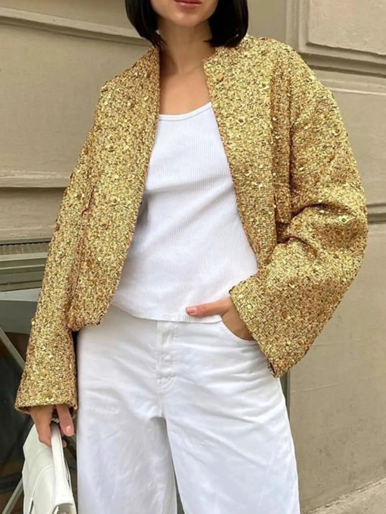 Sequin Long Sleeve Jacket with Pockets by Partner Label