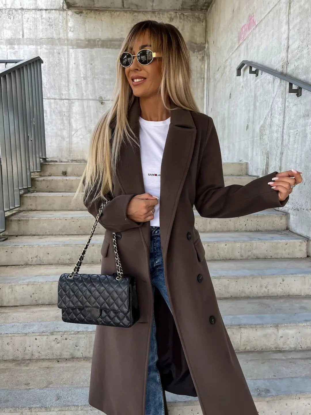 Double-breasted Lapel Split Jacket With Belt Winter Fashion Casual Long Sleeve Button Daily Coats For Women Clothing by Maiden-Art