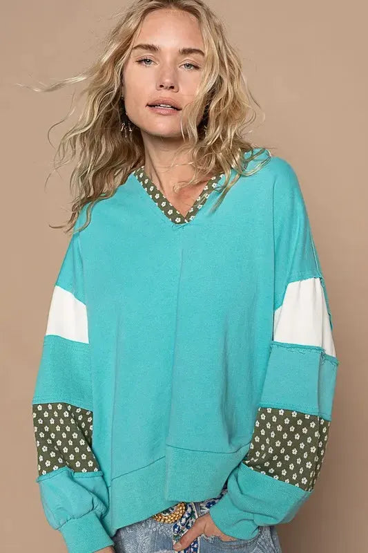 POL Exposed Seam Floral Patchwork French Terry Hoodie by POL