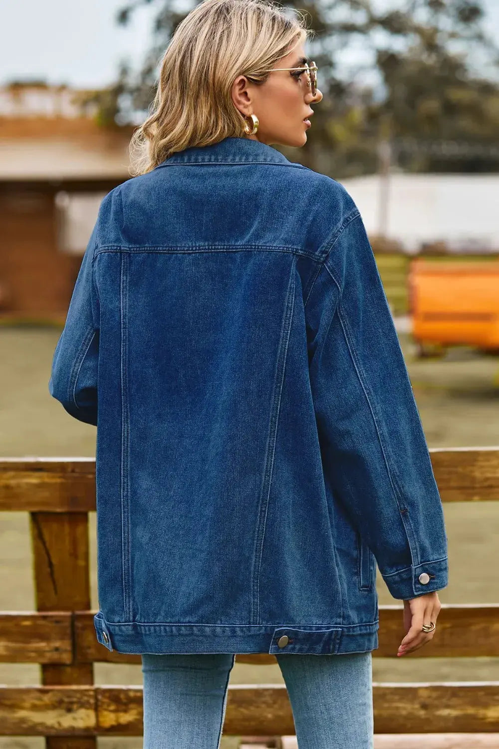 Buttoned Collared Neck Denim Jacket with Pockets by Partner Label
