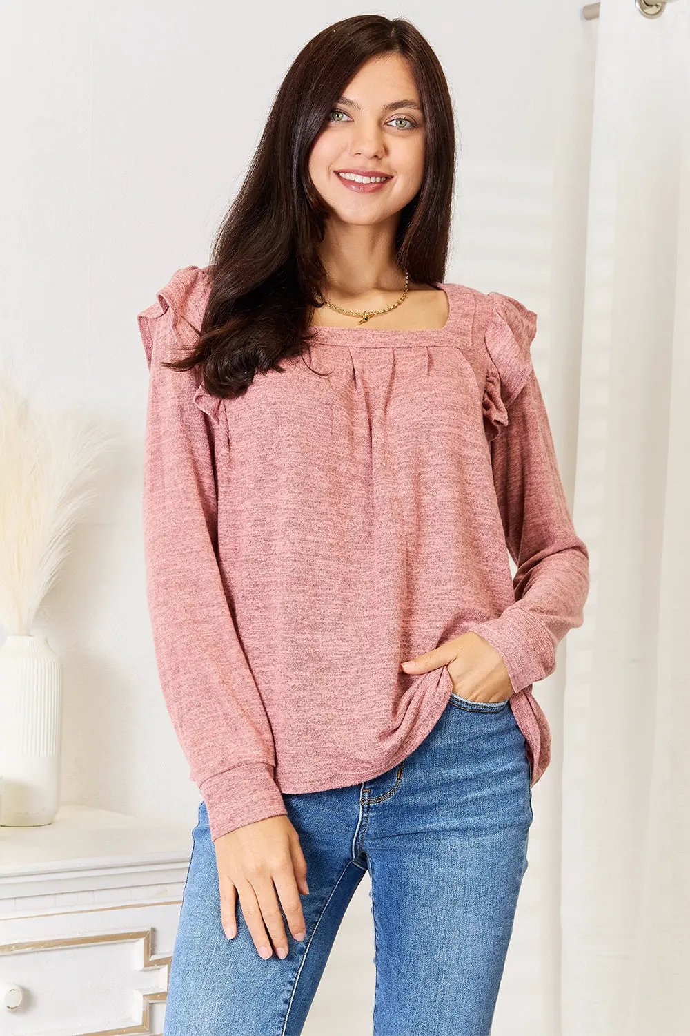 Double Take Square Neck Ruffle Shoulder Long Sleeve T-Shirt by Double Take