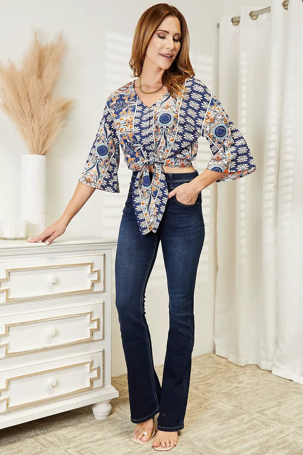 Tie Hem V-Neck Three-Quarter Sleeve Blouse by Equanimity
