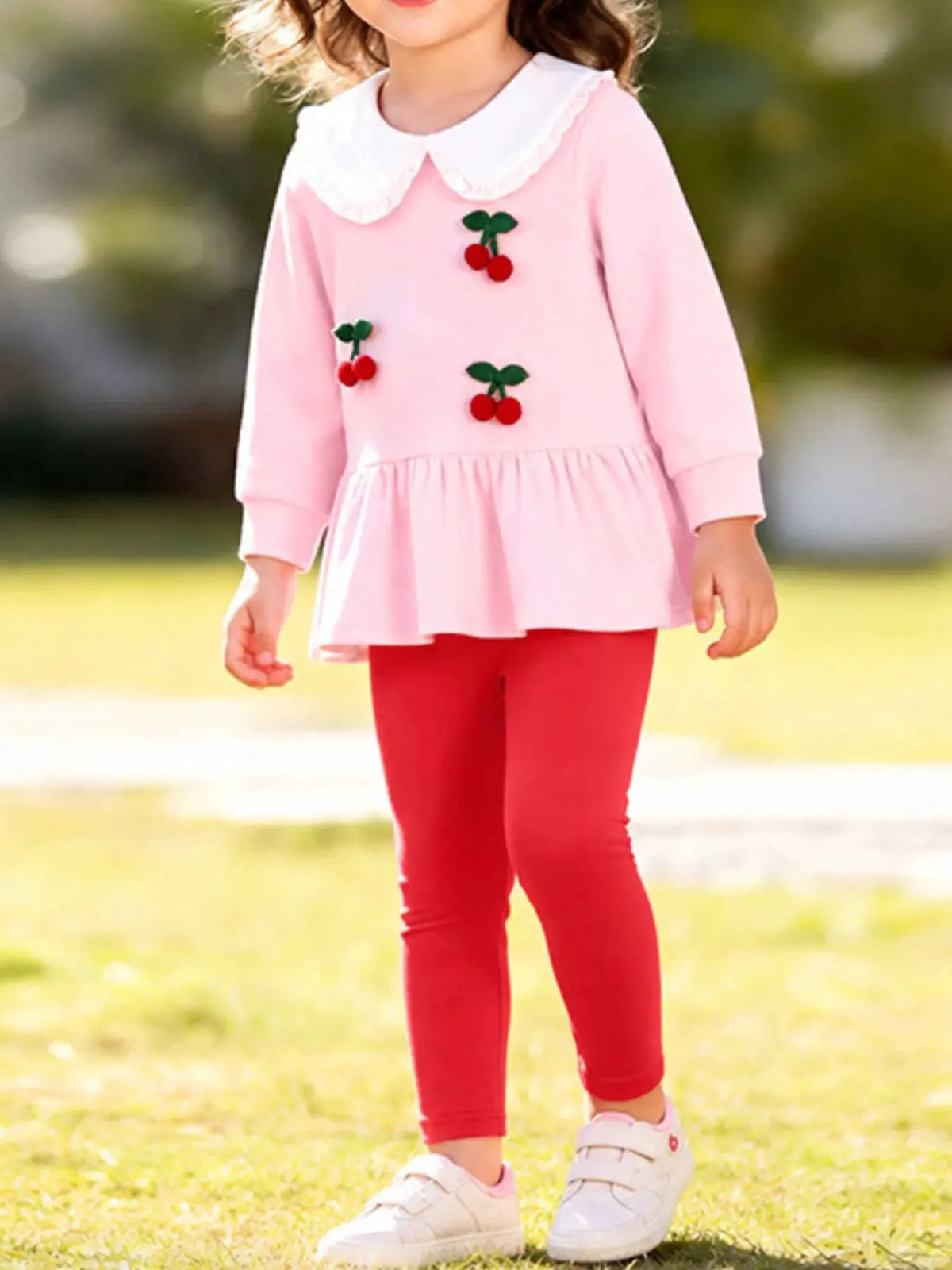 Children's Cherry Peplum Top and Leggings Set by Trendsi