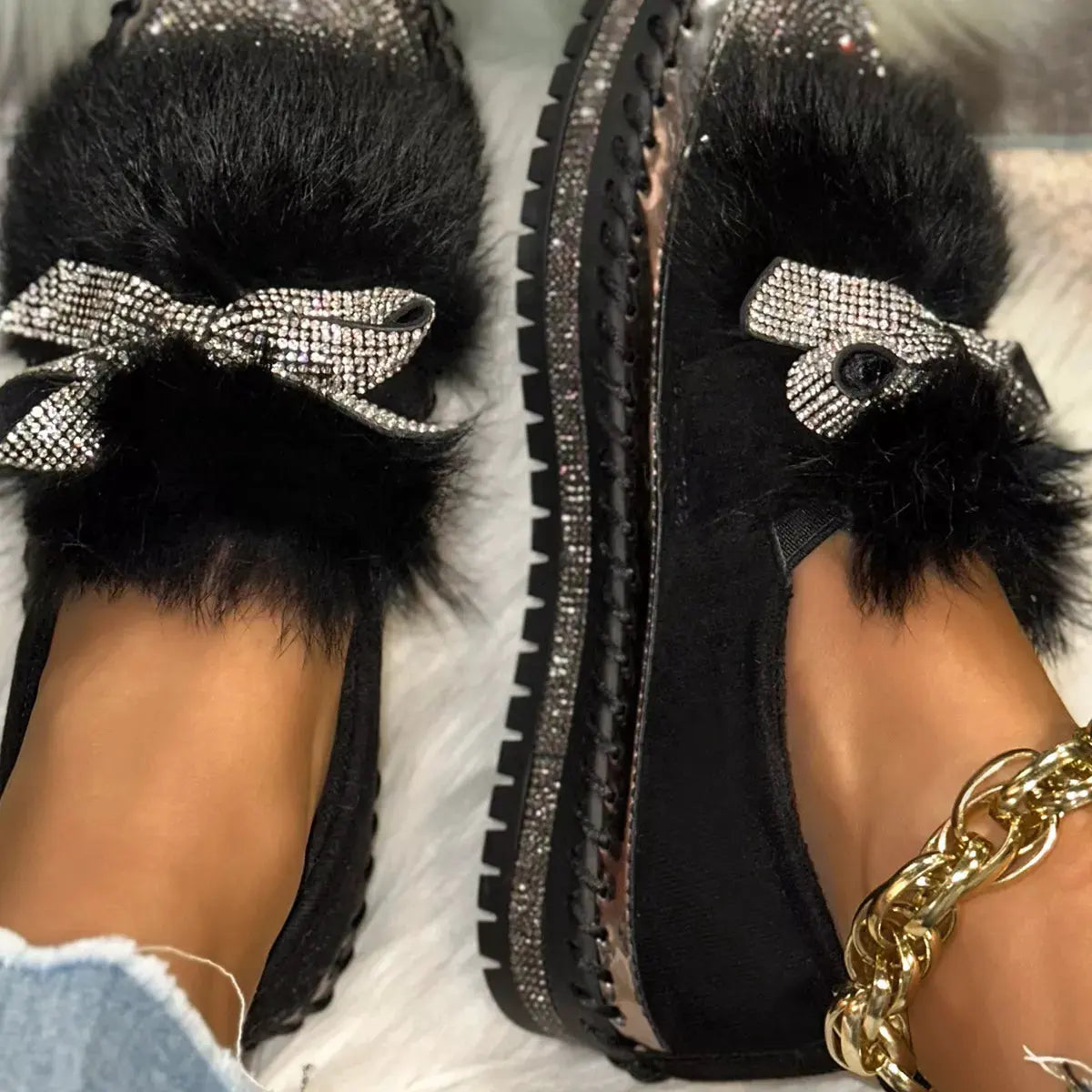 Fuzzy Bowknot Rhinestone Platform Loafers by Partner Label