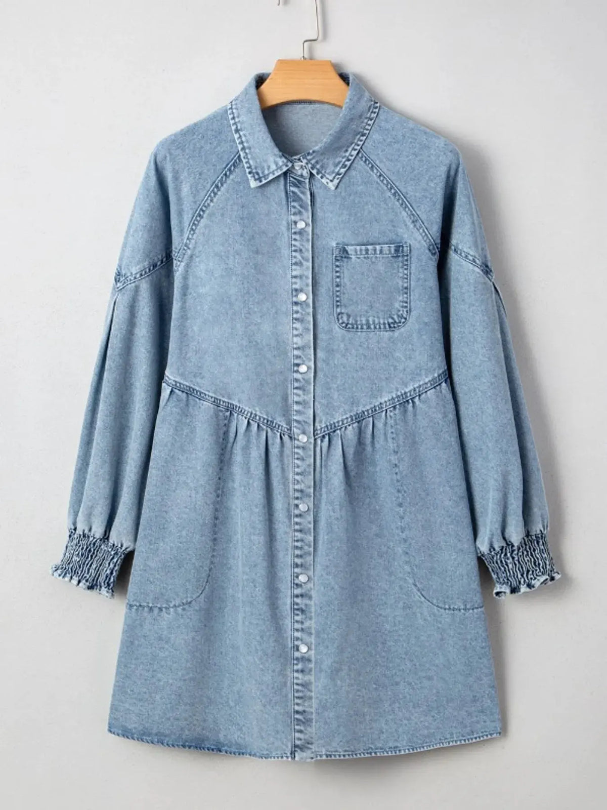 Button-Up Denim Shirt Dress with Smocked Cuffs by Partner Label