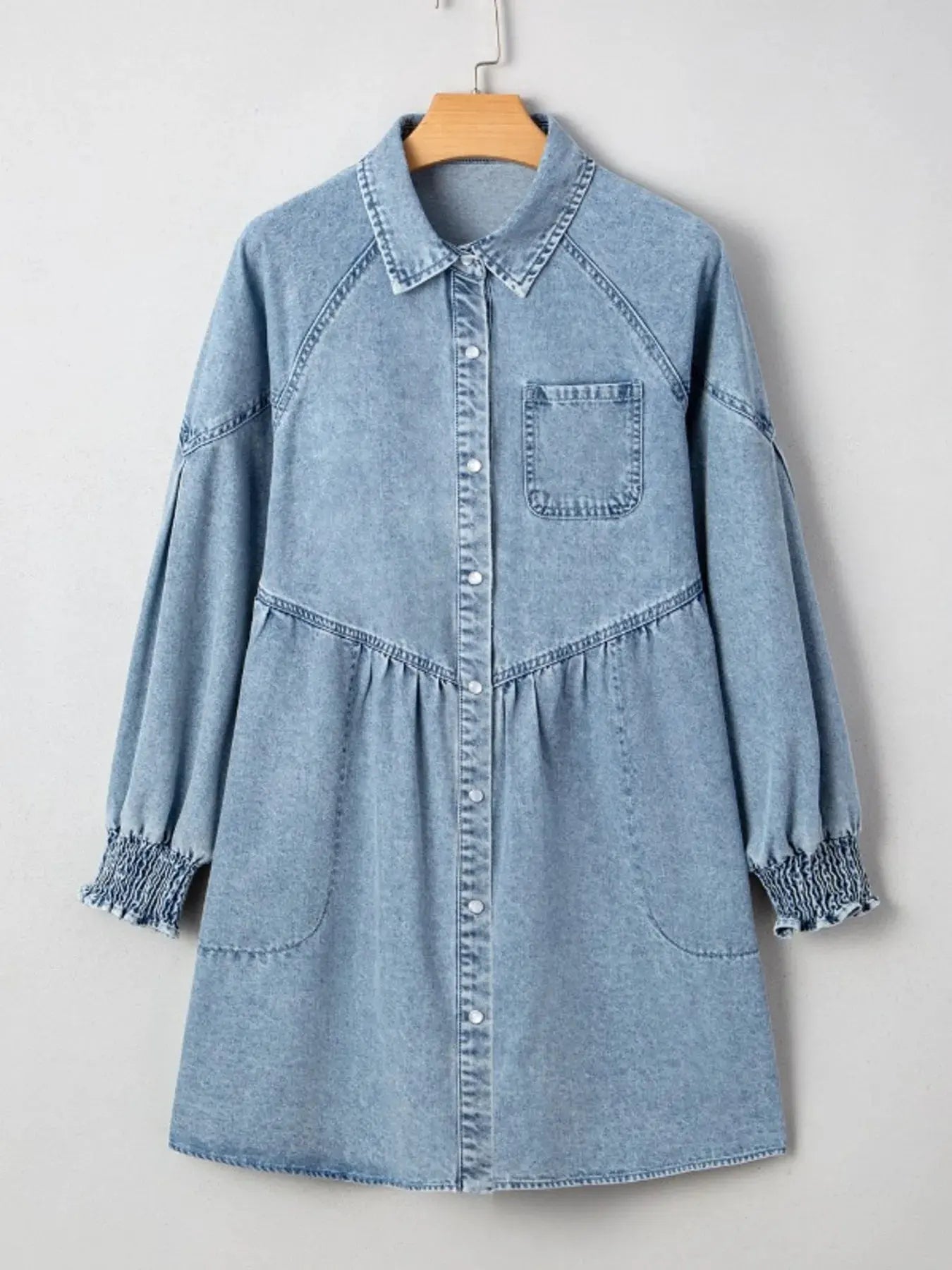 Button-Up Denim Shirt Dress with Smocked Cuffs by Partner Label