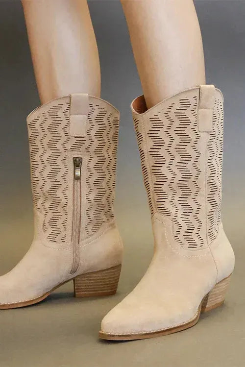 Beast Fashion Faux Suede Laser Cut Detail Block Heel Boots by Beast Fashion