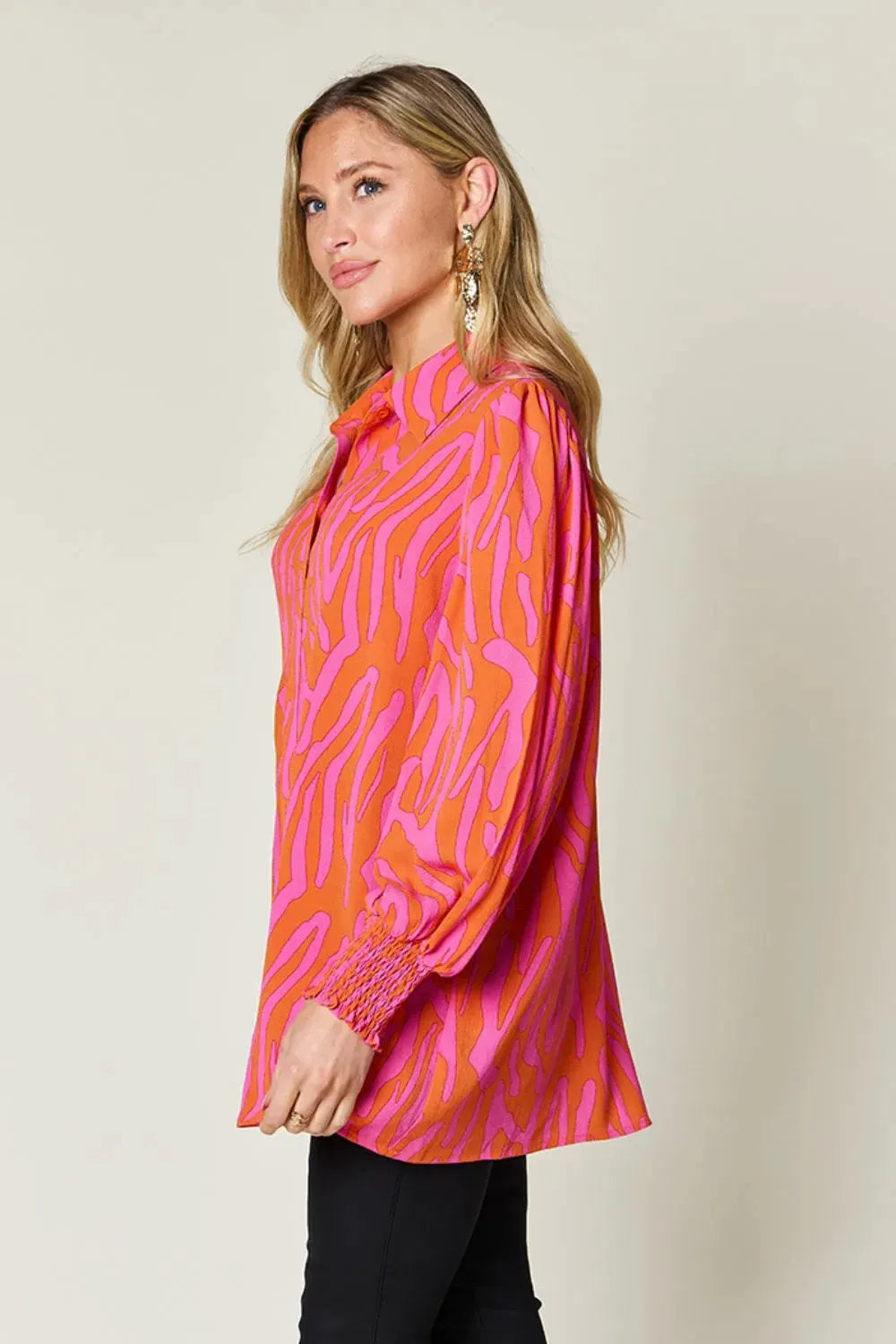 Double Take Full Size Printed Smocked Long Sleeve Blouse Plus Size by Double Take