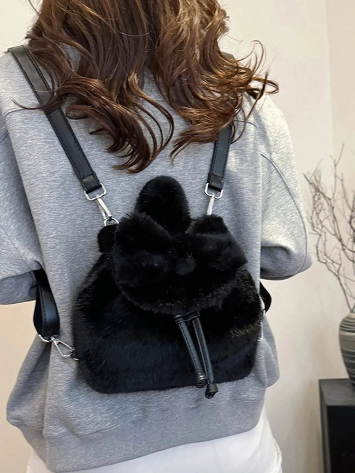 Fuzzy Plush Drawstring Backpack Bag by Partner Label