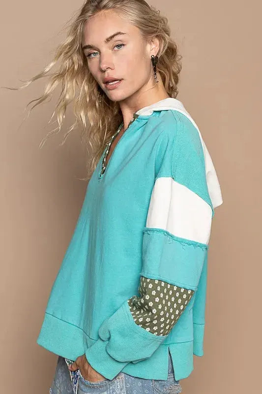 POL Exposed Seam Floral Patchwork French Terry Hoodie by POL