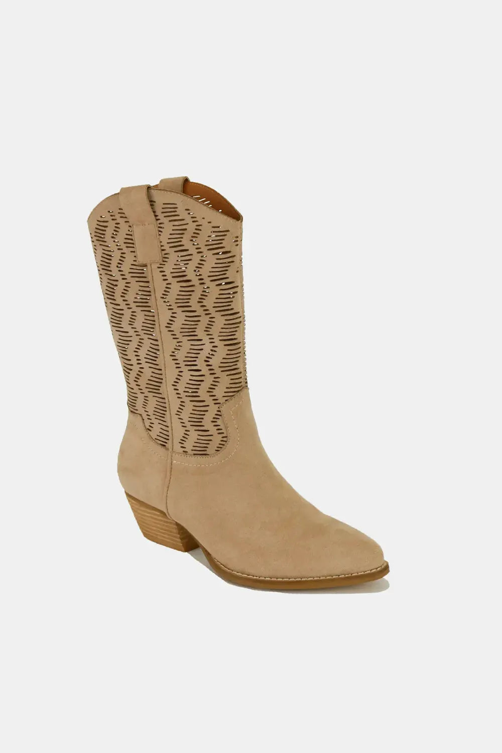 Beast Fashion Faux Suede Laser Cut Detail Block Heel Boots by Beast Fashion