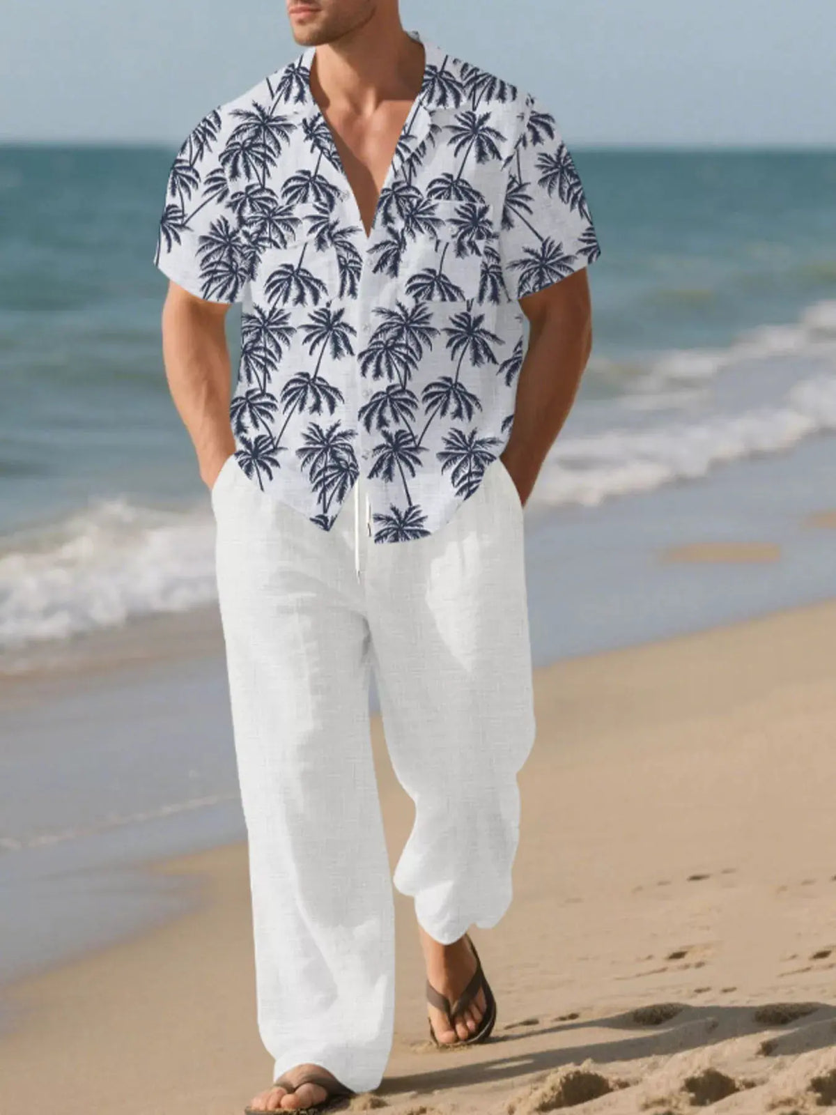Men's Full Size Tropical Palm Print Button Up Shirt and Pants Set Plus Size by Trendsi