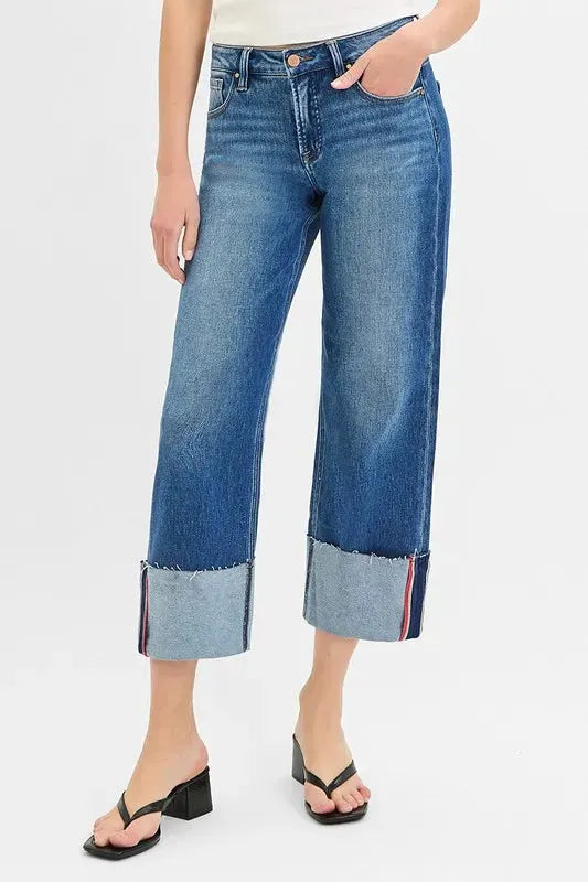 RISEN Full Size Tummy Control Mid Rise Crop Wide Cuffed Jeans Plus Size by RISEN