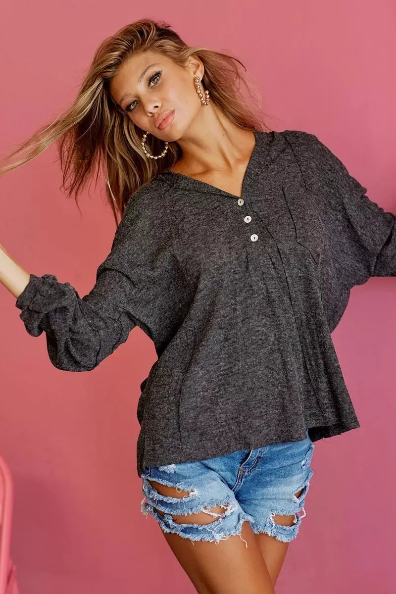 BiBi Textured Knit Hoodie with Buttoned Placket by BiBi