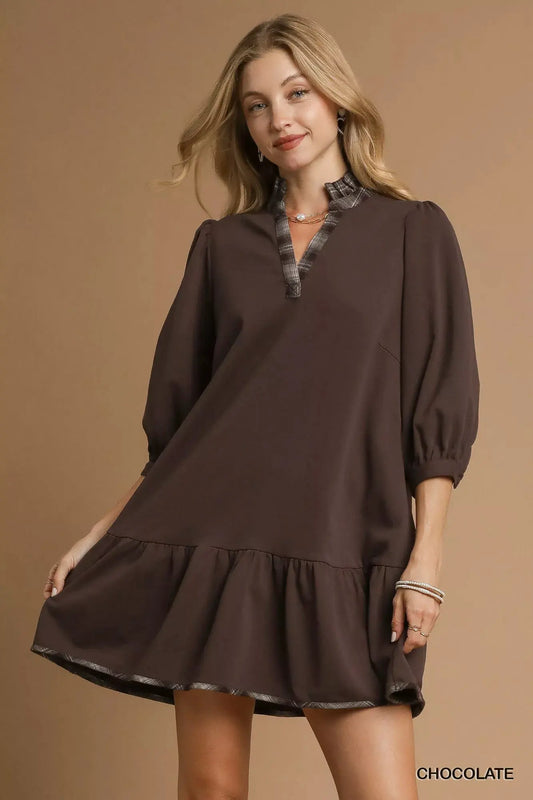 Umgee French Terry Ruffle Hem Dress with Plaid Trim by Umgee
