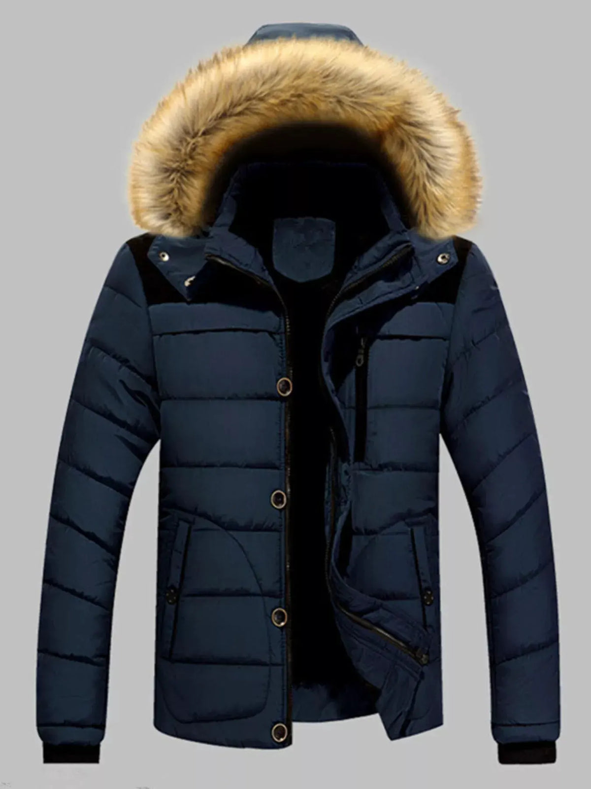 Men's Plus Size Padded Fur Hood Puffer Jacket by Partner Label