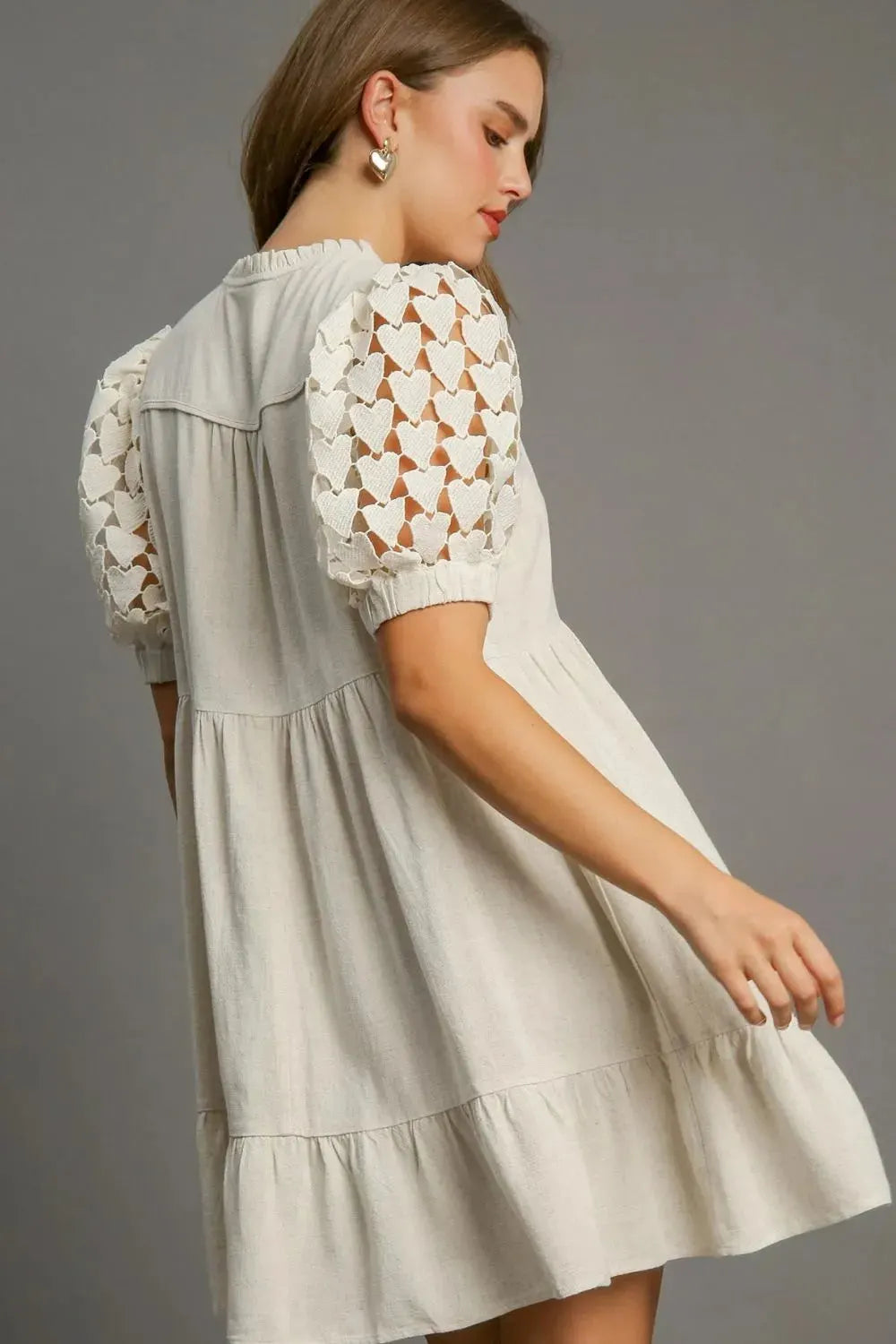 Umgee Full Size Ruffled Hem Heart Lace Sleeve Tie Neck Dress Plus Size by Umgee
