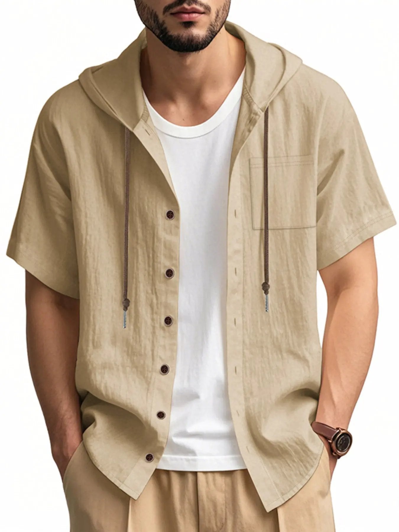 Men's Full Size Casual Hooded Short-Sleeve Shirt Plus Size by Trendsi