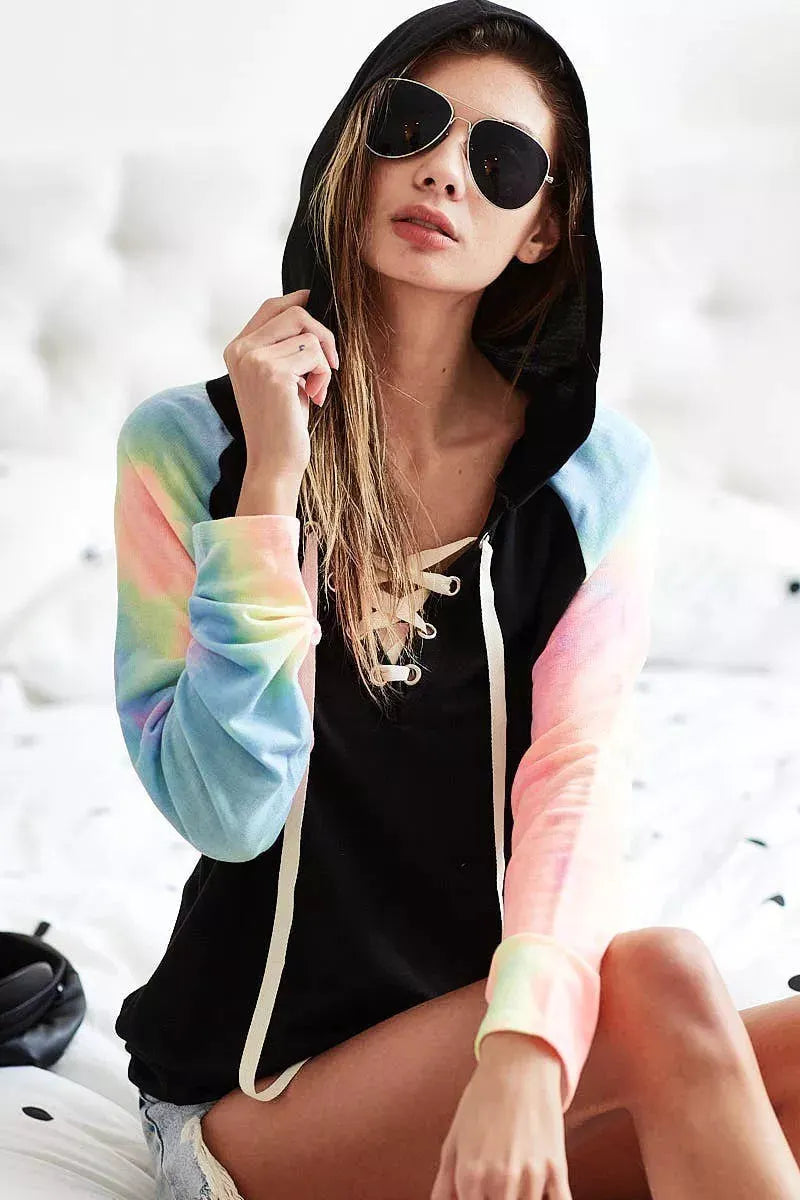 BiBi French Terry Lace Up Hoodie With Tie Dye Sleeves by BiBi
