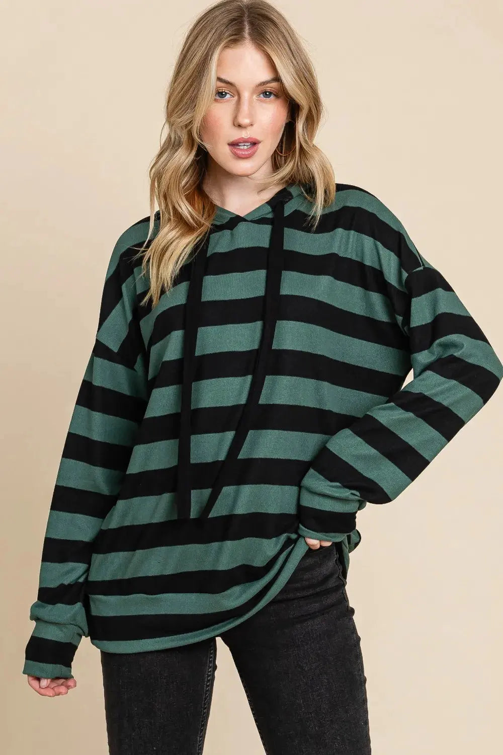 BOMBOM Drawstring Striped Dropped Shoulder Hoodie by BOMBOM