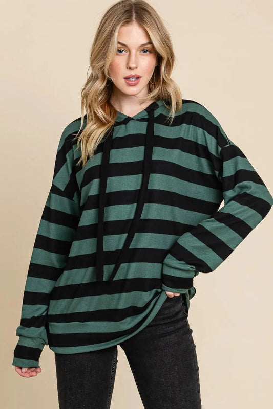 BOMBOM Drawstring Striped Dropped Shoulder Hoodie by BOMBOM