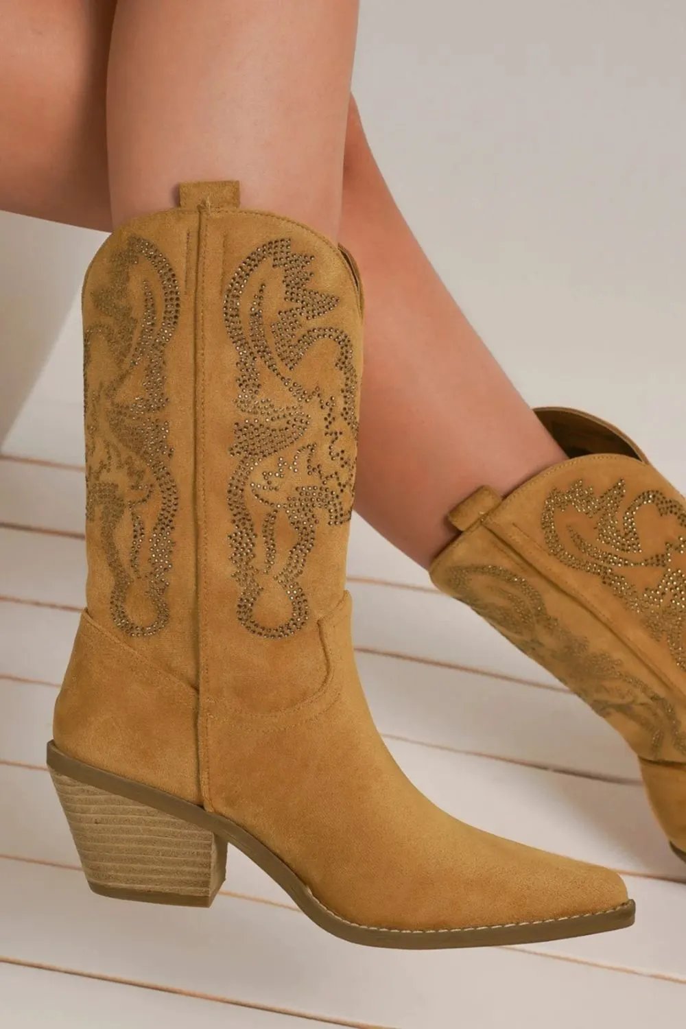 Beast Fashion Rhinestone Detail Point Toe Boots by Beast Fashion