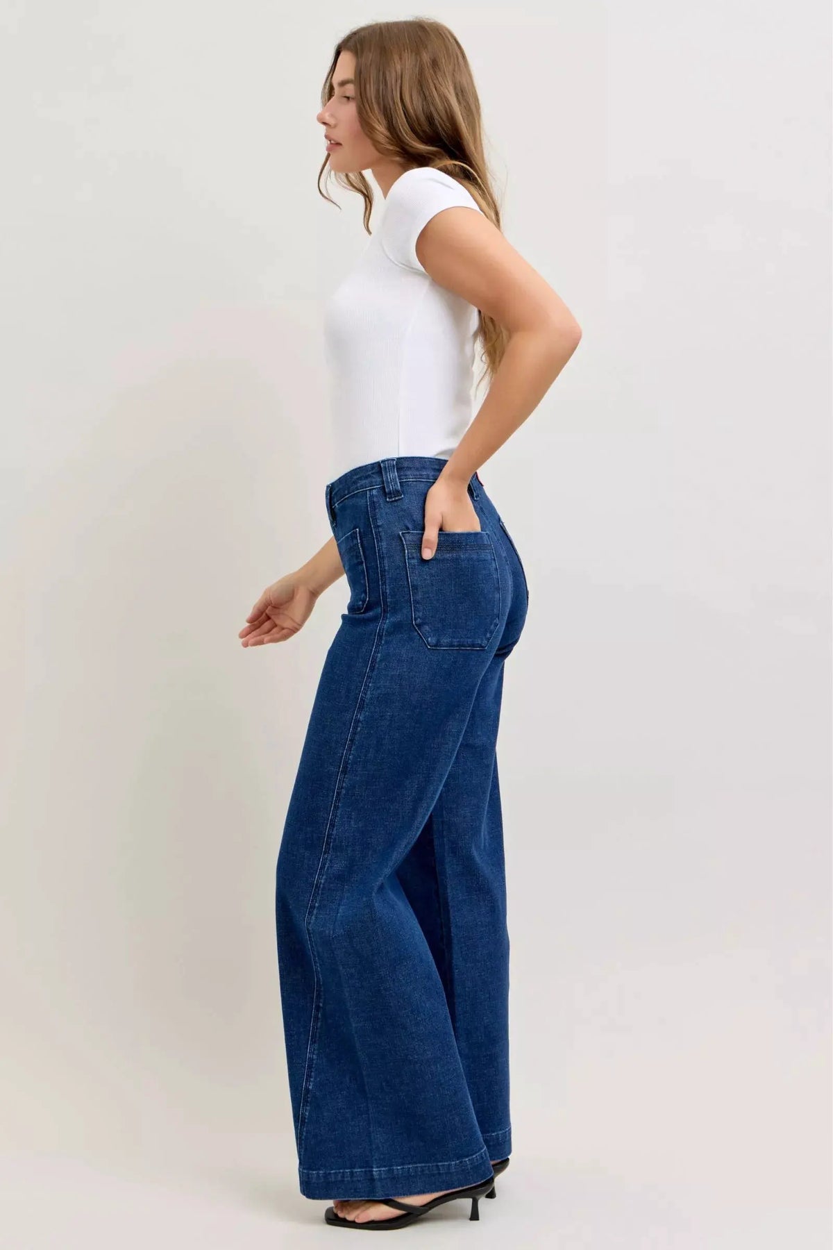 Judy Blue High-Waisted Retro Wide Jeans with Patch Pkts & Twisted Seams by Judy Blue