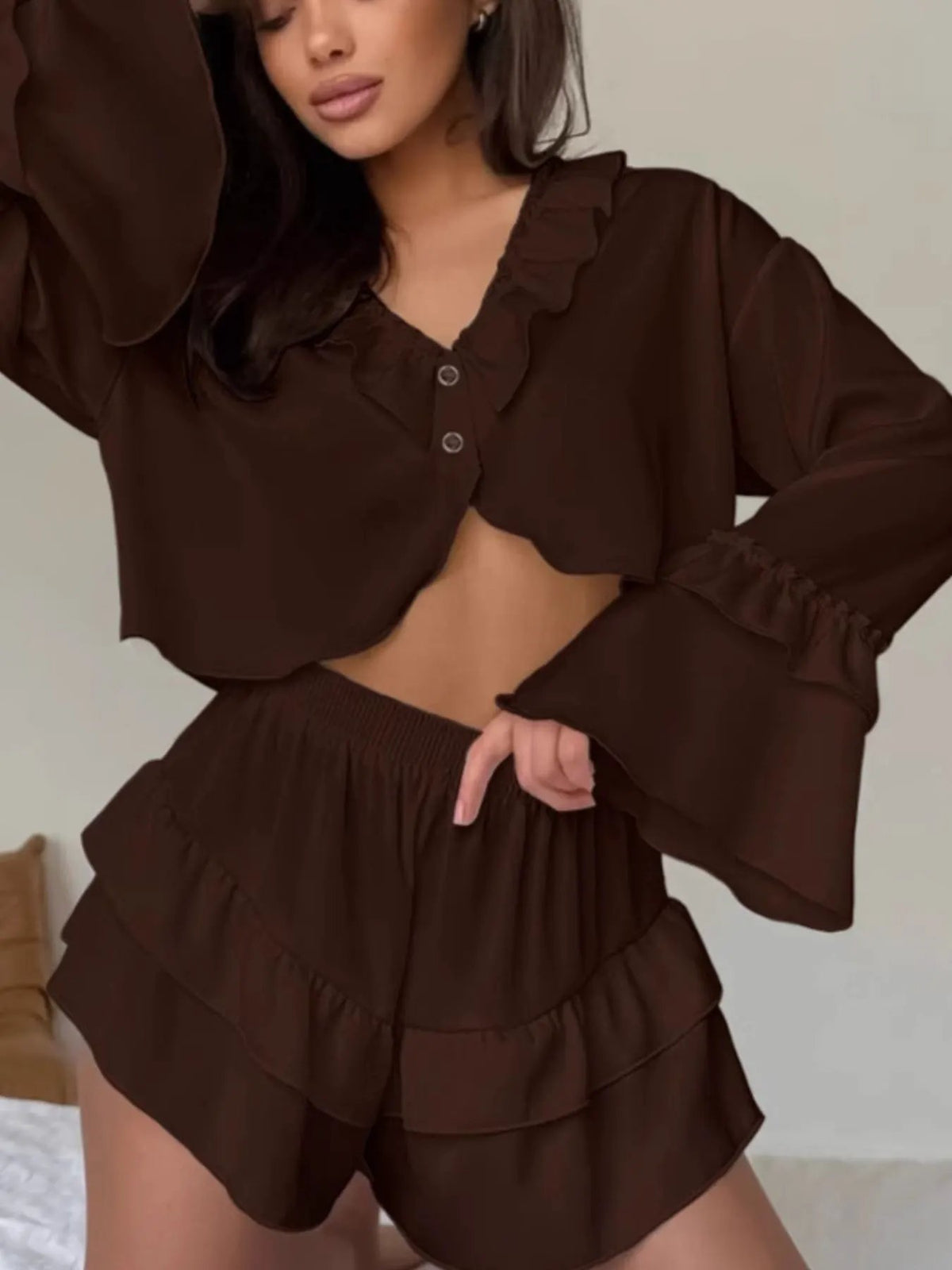 Ruffled V-Neck Top and Shorts Set by Partner Label