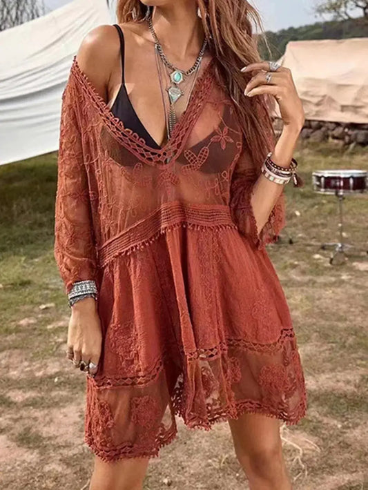 Lace Detail Plunge Cover-Up Dress by Partner Label