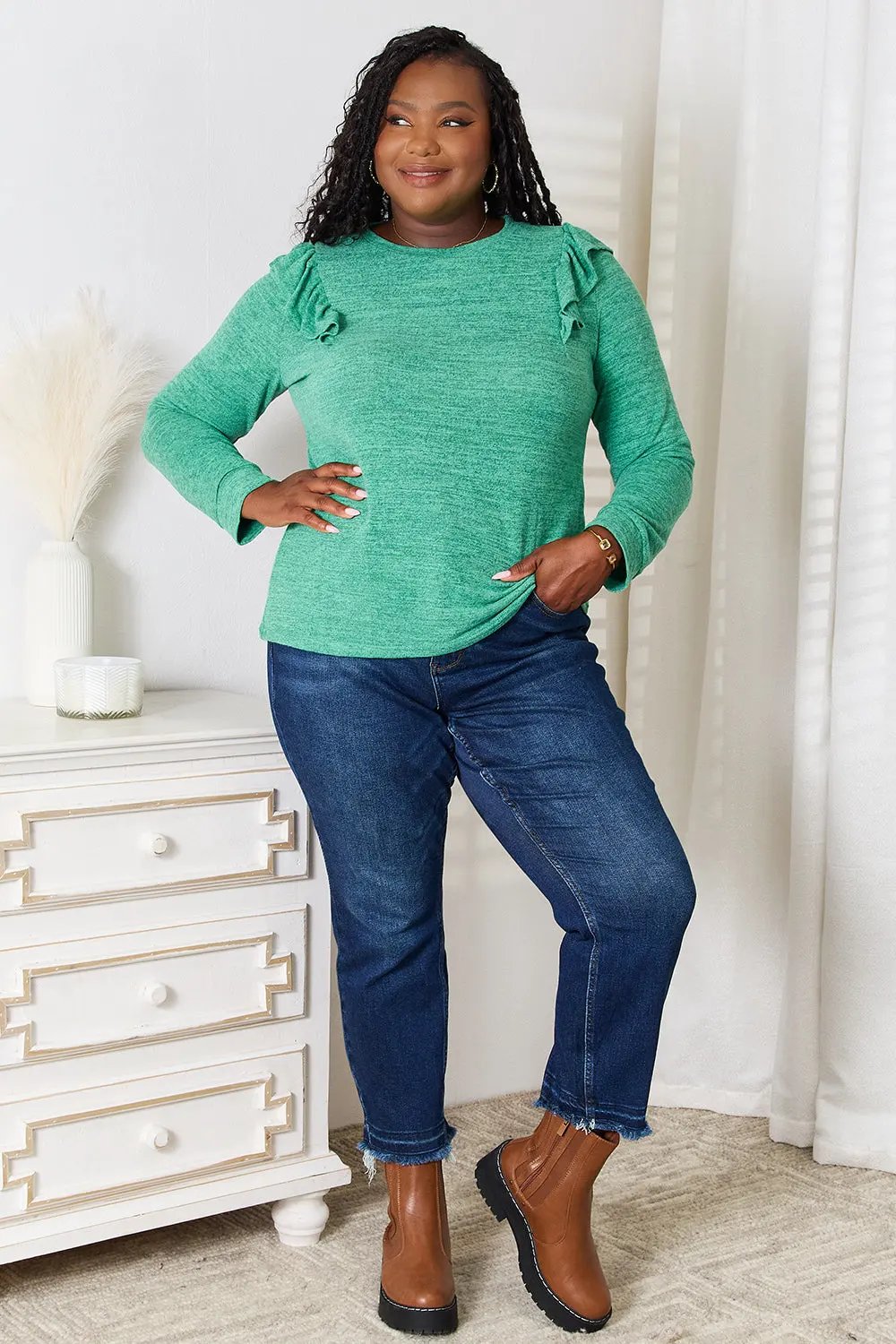 Double Take Ruffle Shoulder Long Sleeve T-Shirt by Double Take