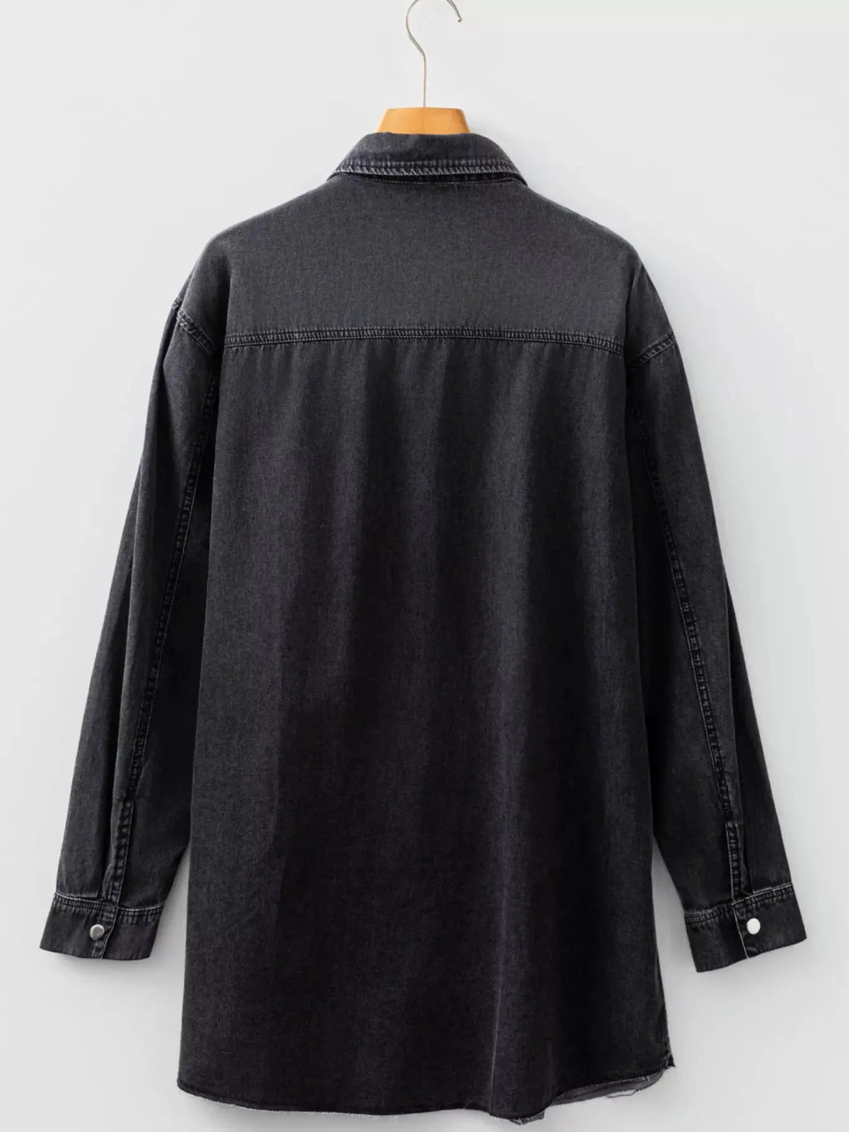Chest Pocket Raw Hem Denim Loose Shirt Dress by Partner Label