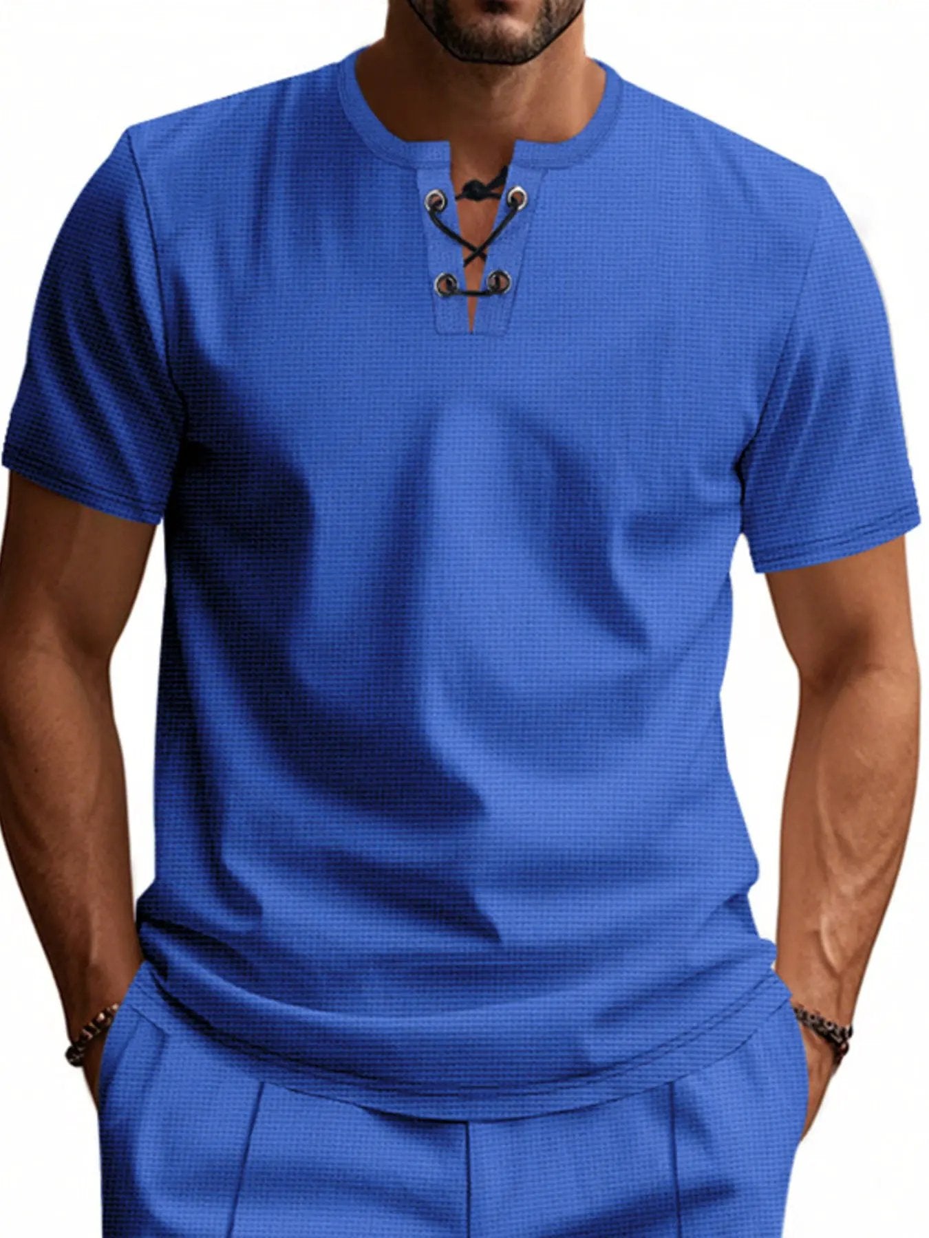 Men's Full Size Lace-Up Neck T-Shirt Plus Size by Trendsi
