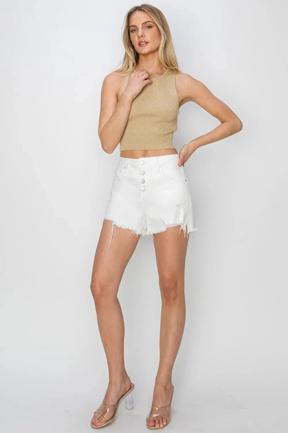 RISEN Button Fly Frayed Hem Denim Shorts by RISEN