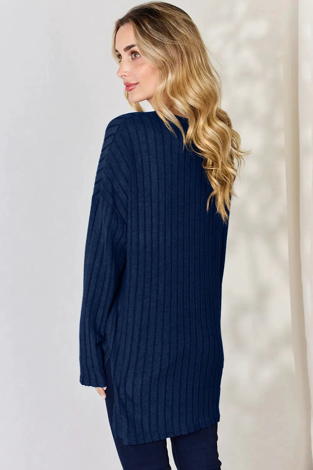 Basic Bae Full Size Ribbed Half Button Long Sleeve High-Low T-Shirt by Basic Bae