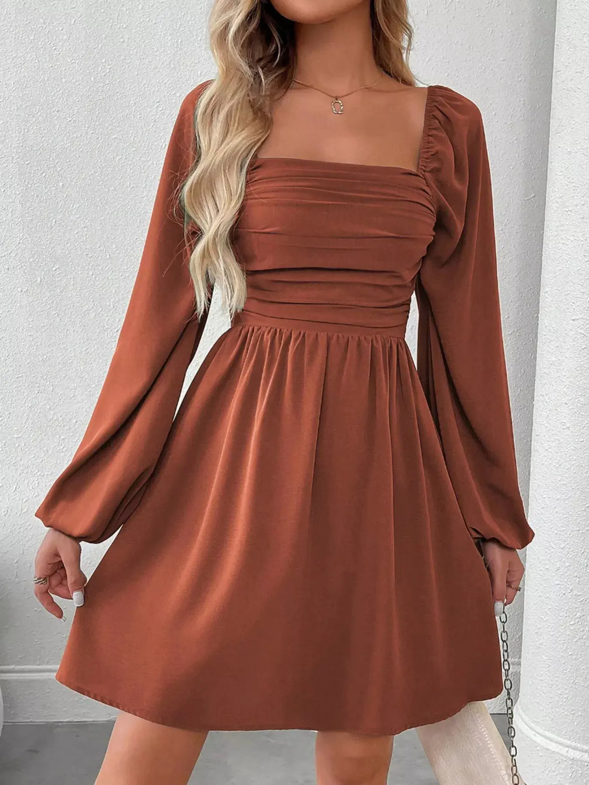 Ruched Square Neck Long Sleeve A-Line Dress by Partner Label