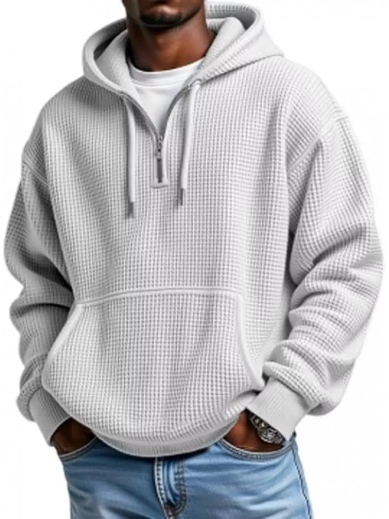 Men's Full Size Waffle Knit Quarter Zip Hoodie Plus Size by Trendsi