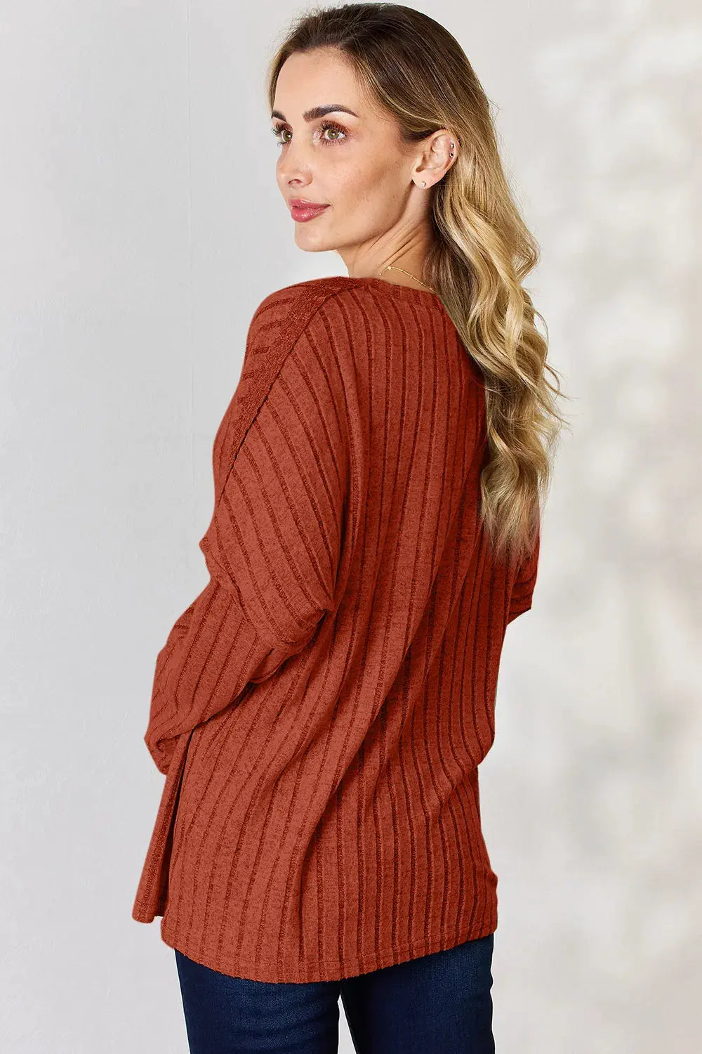 Basic Bae Full Size Ribbed Half Button Long Sleeve T‑Shirt | Partner Labels Selection by Partner Label