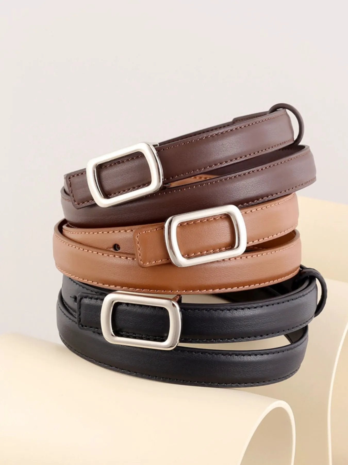 Leather Skinny Belt with Buckle by Trendsi