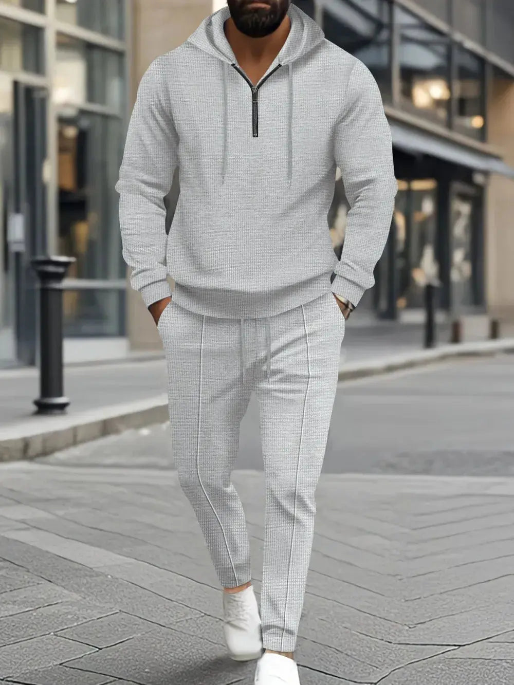 Men's Full Size Waffle-Knit Half Zipper Hoodie and Pants Set Plus Size by Trendsi