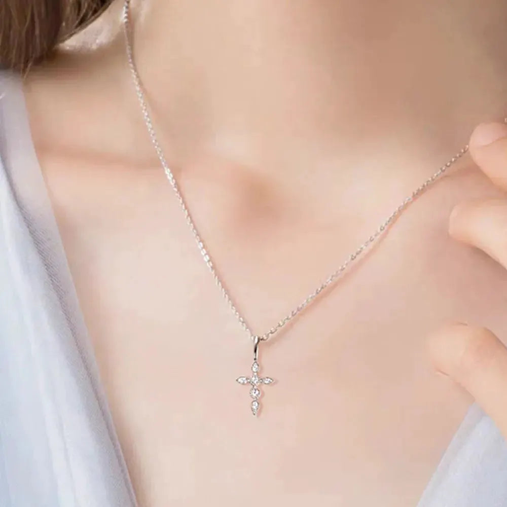 925 Sterling Silver Moissanite Cross Pendant Necklace by Partner Label