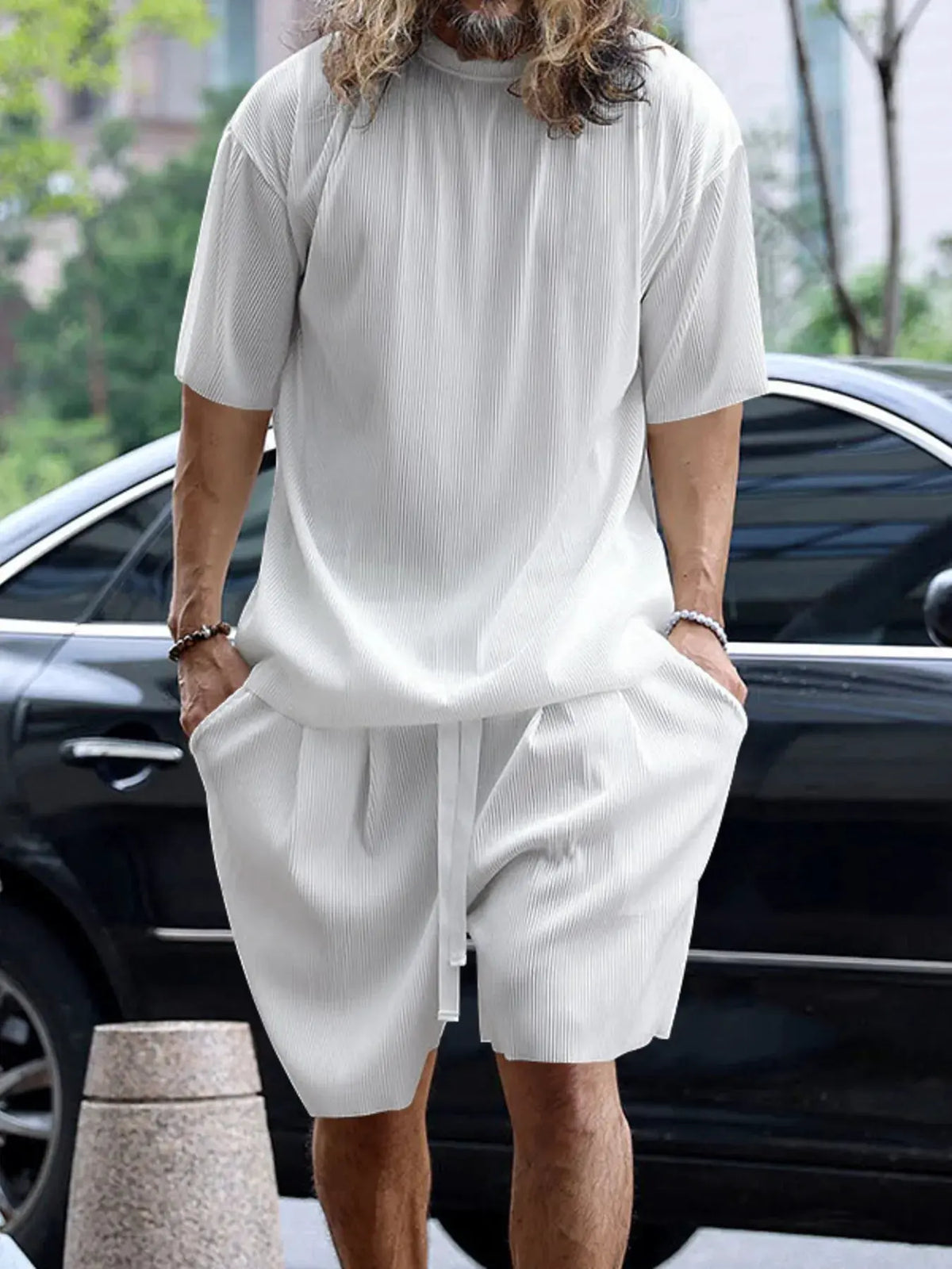 Men's Full Size Round Neck Short Sleeve Top and Shorts Set Plus Size by Trendsi