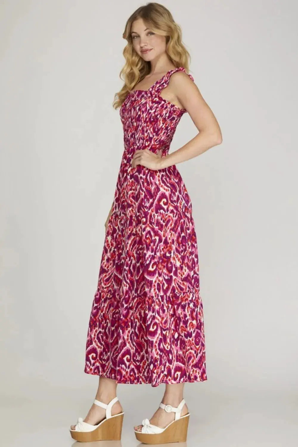 She + Sky Full Size Smocked Printed Wide Strap Tiered Dress Plus Size by She + Sky